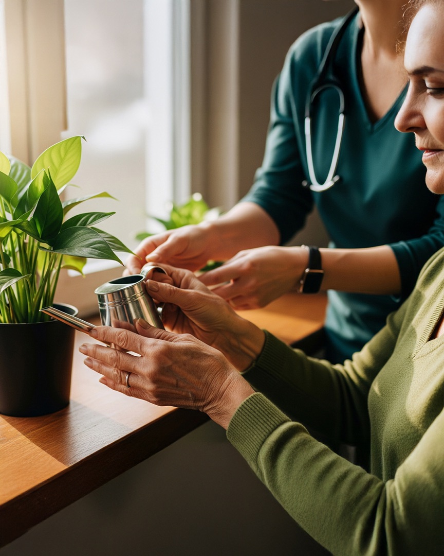 Ergotherapeutin hilft einer Seniorin beim Greifen einer Tasse