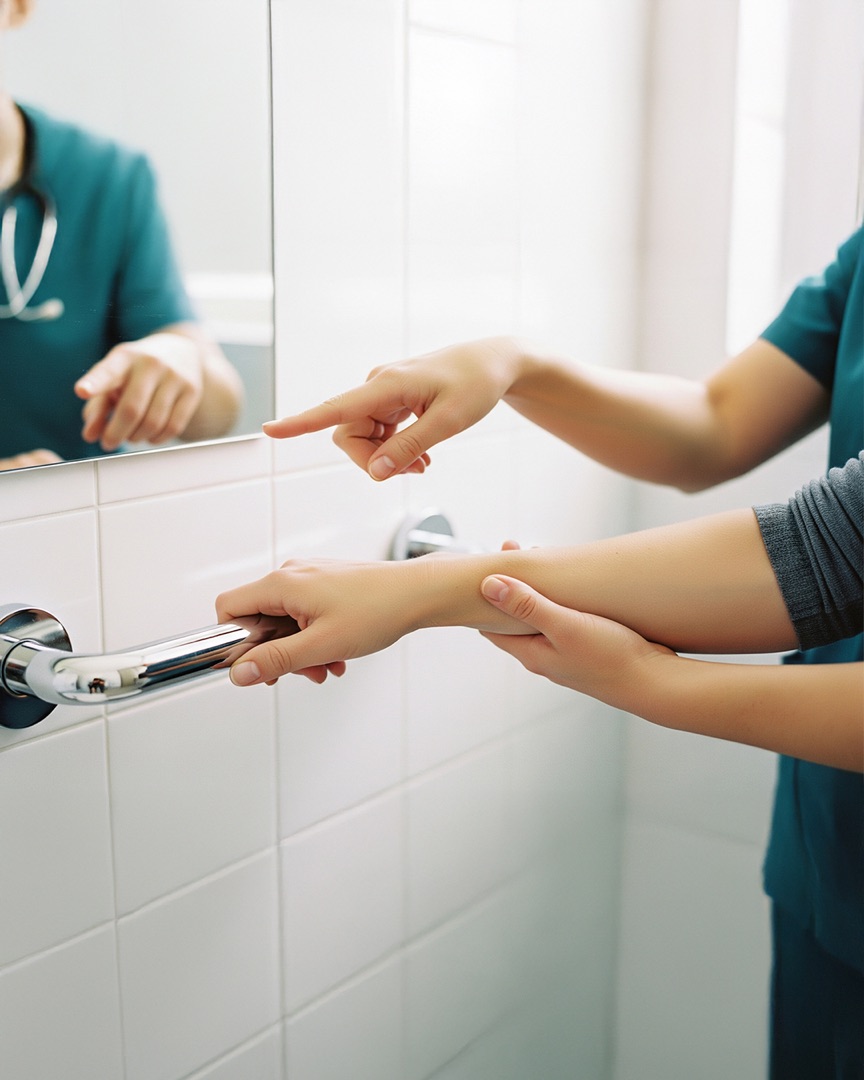 Ergotherapeutin zeigt einer Patientin den Haltegriff im Badezimmer