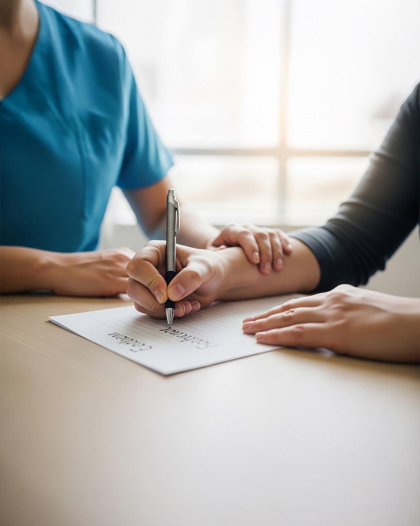 Ergotherapeutin führt die Hand eines Patienten beim Schreiben